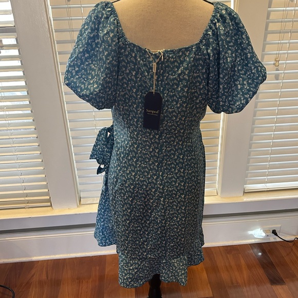 SAMPEEL Womens Summer Dresses Square Neck Puff Sleeve Tie Waist Short Dress - Picture 4 of 8